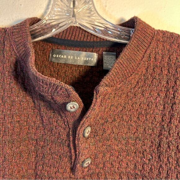 OSCAR DE LA RENTA MENS SWEATER XL BROWN HENLEY ACADEMIA EVERYDAY COZY CABIN - Picture 2 of 11